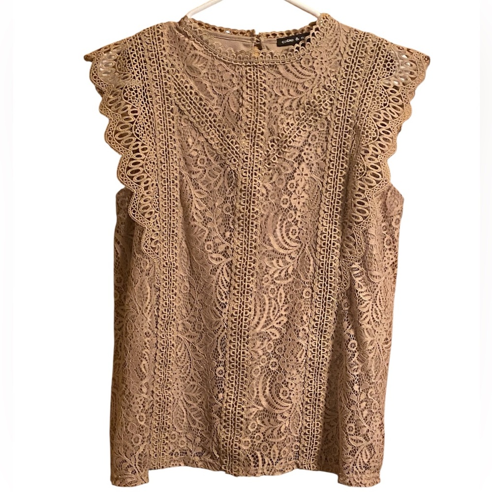 Cable & Gauge Sleeveless Lace Trim Blouse Tan Medium